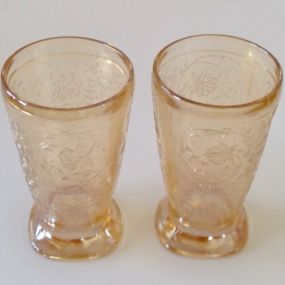 S/2 Vintage Jeannette Floragold Louisa Iridescent Water Glasses Juice Tumblers - Picture 2 of 7